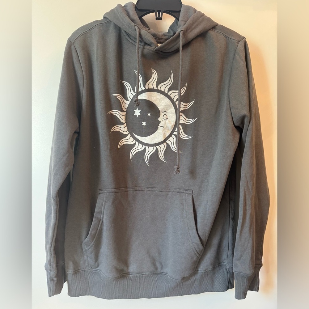 Celestial Sun Moon Hoodie 🌙✨ Boho Astrology Graphic Sweatshirt Gray Medium